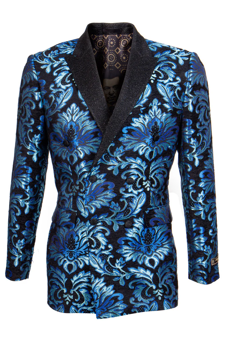 Men's Double Breasted Shiny Shimmery Floral Brocade Tuxedo Jacket in Turquoise