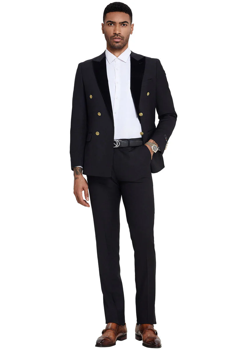 Men's Double Breasted Wedding Suit with Velvet Peak Lapel and Gold Buttons in Black - Image 2