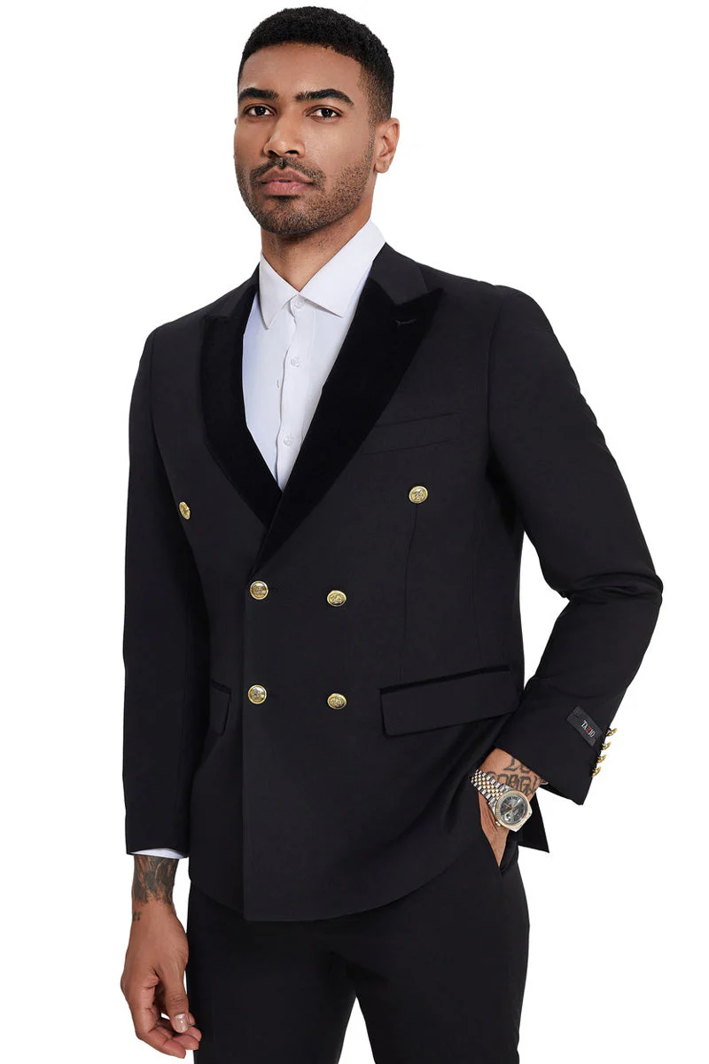 Men's Double Breasted Wedding Suit with Velvet Peak Lapel and Gold Buttons in Black - Image 3