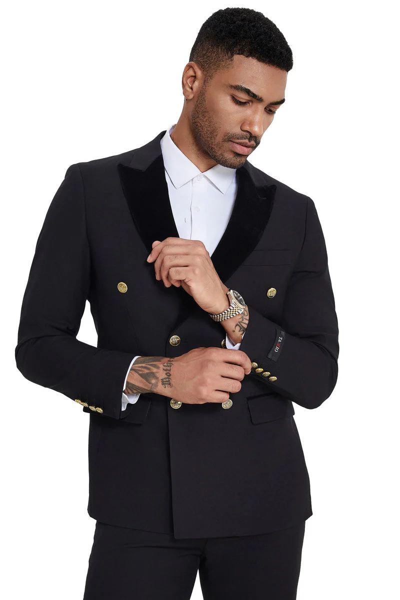 Men's Double Breasted Wedding Suit with Velvet Peak Lapel and Gold Buttons in Black - Image 4