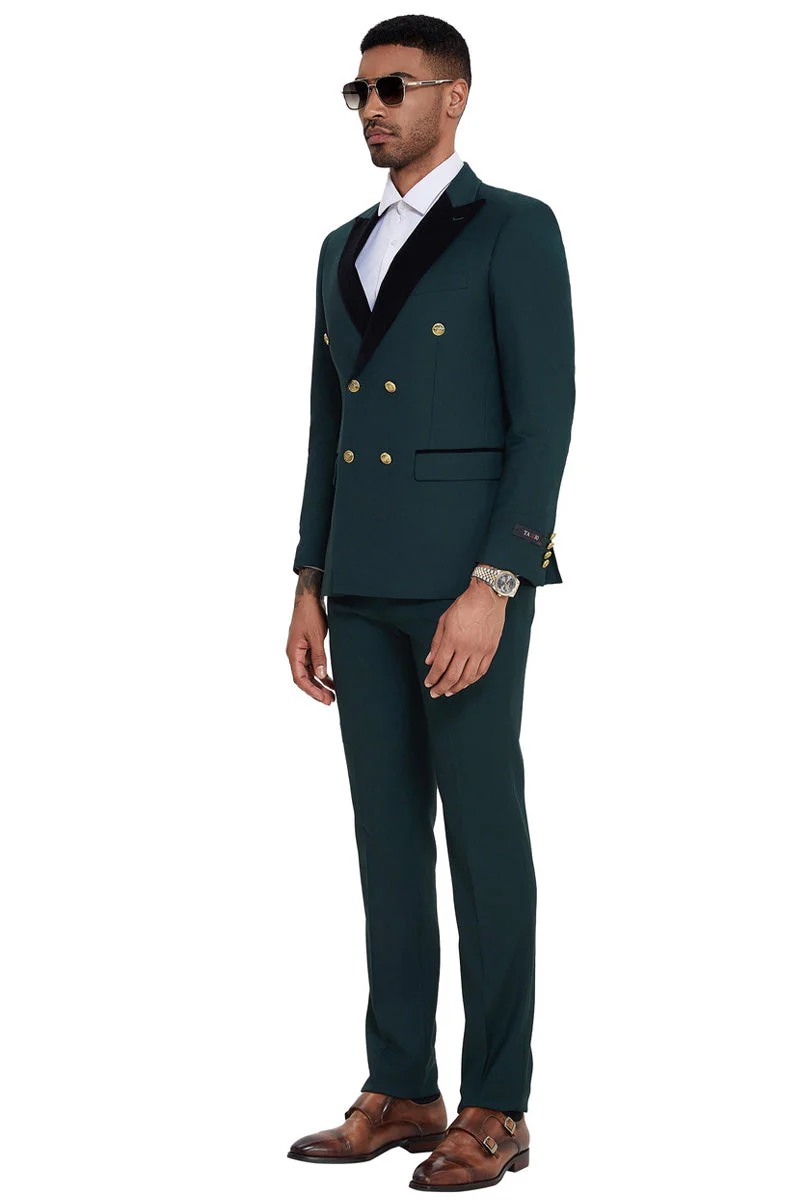 Men's Double Breasted Wedding Suit with Velvet Peak Lapel and Gold Buttons in Dark Green - Image 2