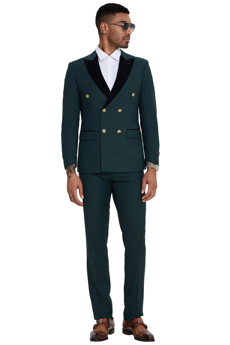Men's Double Breasted Wedding Suit with Velvet Peak Lapel and Gold Buttons in Dark Green - Image 3