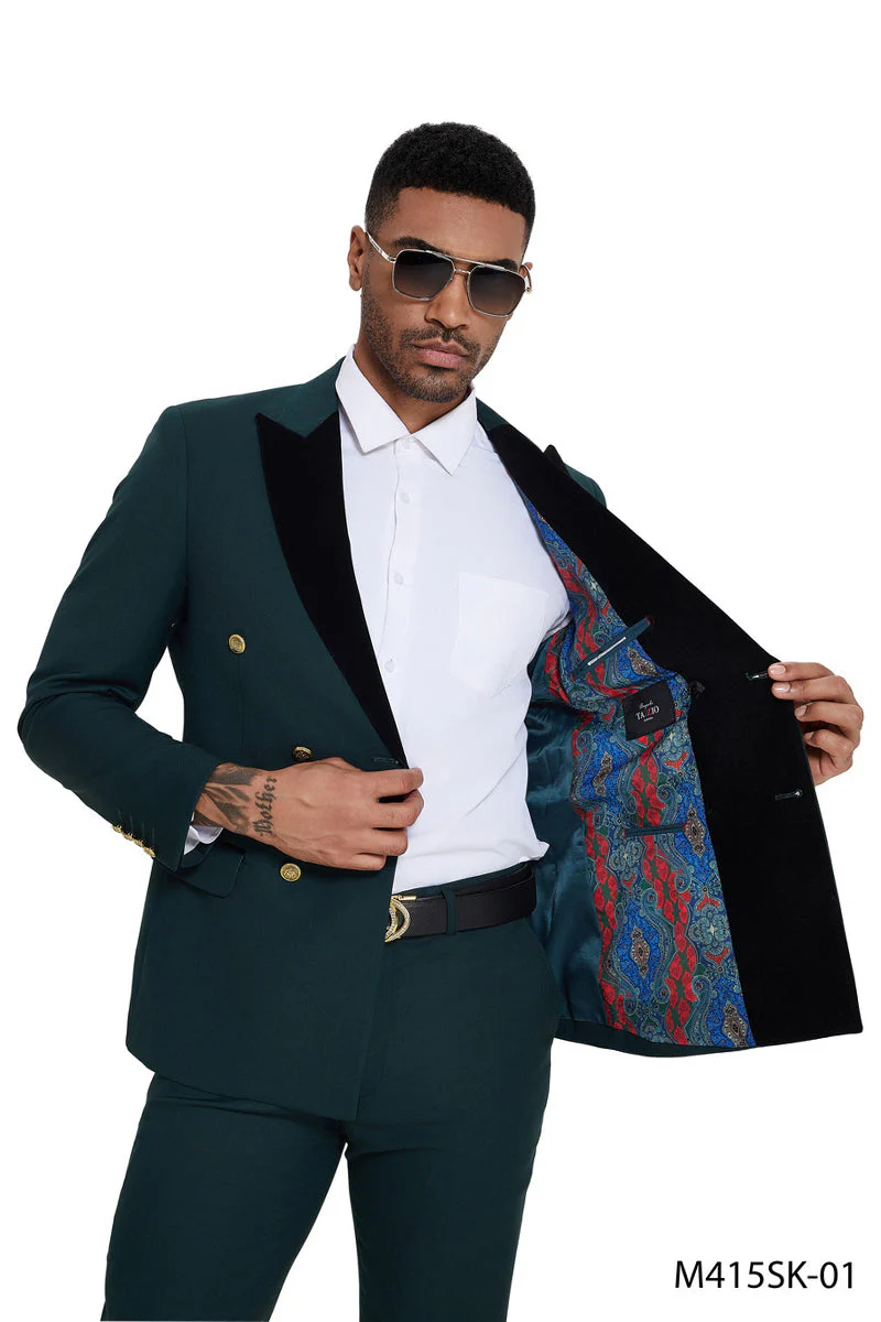Men's Double Breasted Wedding Suit with Velvet Peak Lapel and Gold Buttons in Dark Green - Image 4