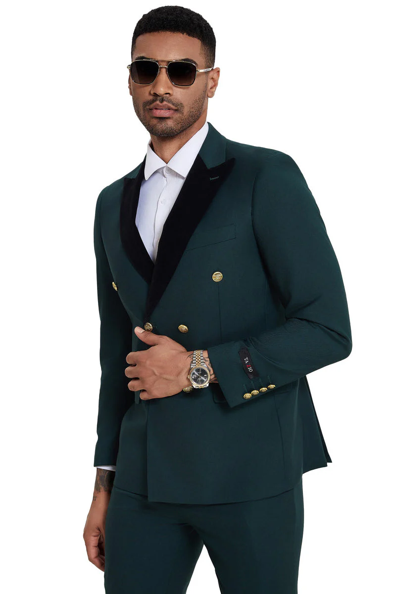 Men's Double Breasted Wedding Suit with Velvet Peak Lapel and Gold Buttons in Dark Green - Image 5