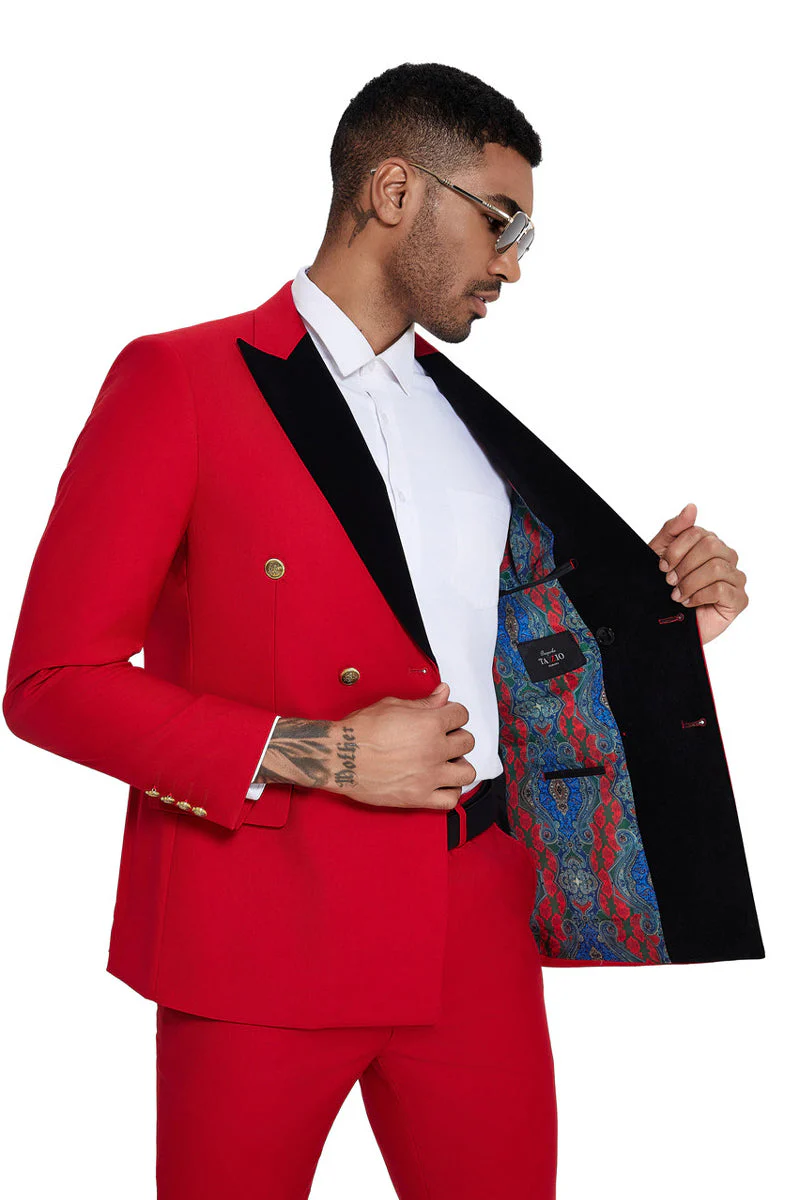 Men's Double Breasted Wedding Suit with Velvet Peak Lapel and Gold Buttons in Red - Image 2