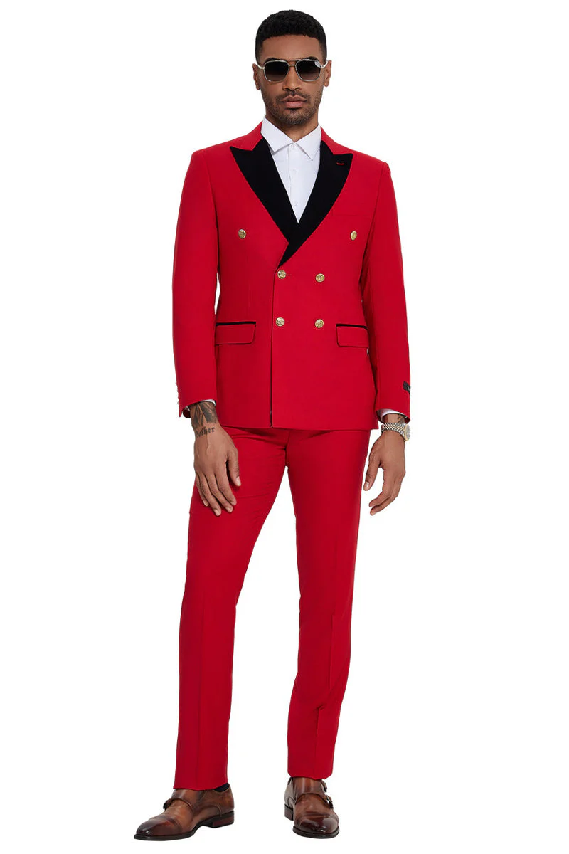 Men's Double Breasted Wedding Suit with Velvet Peak Lapel and Gold Buttons in Red - Image 3