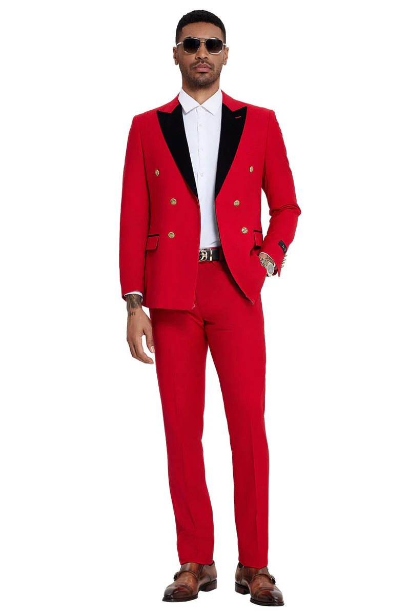 Men's Double Breasted Wedding Suit with Velvet Peak Lapel and Gold Buttons in Red - Image 4