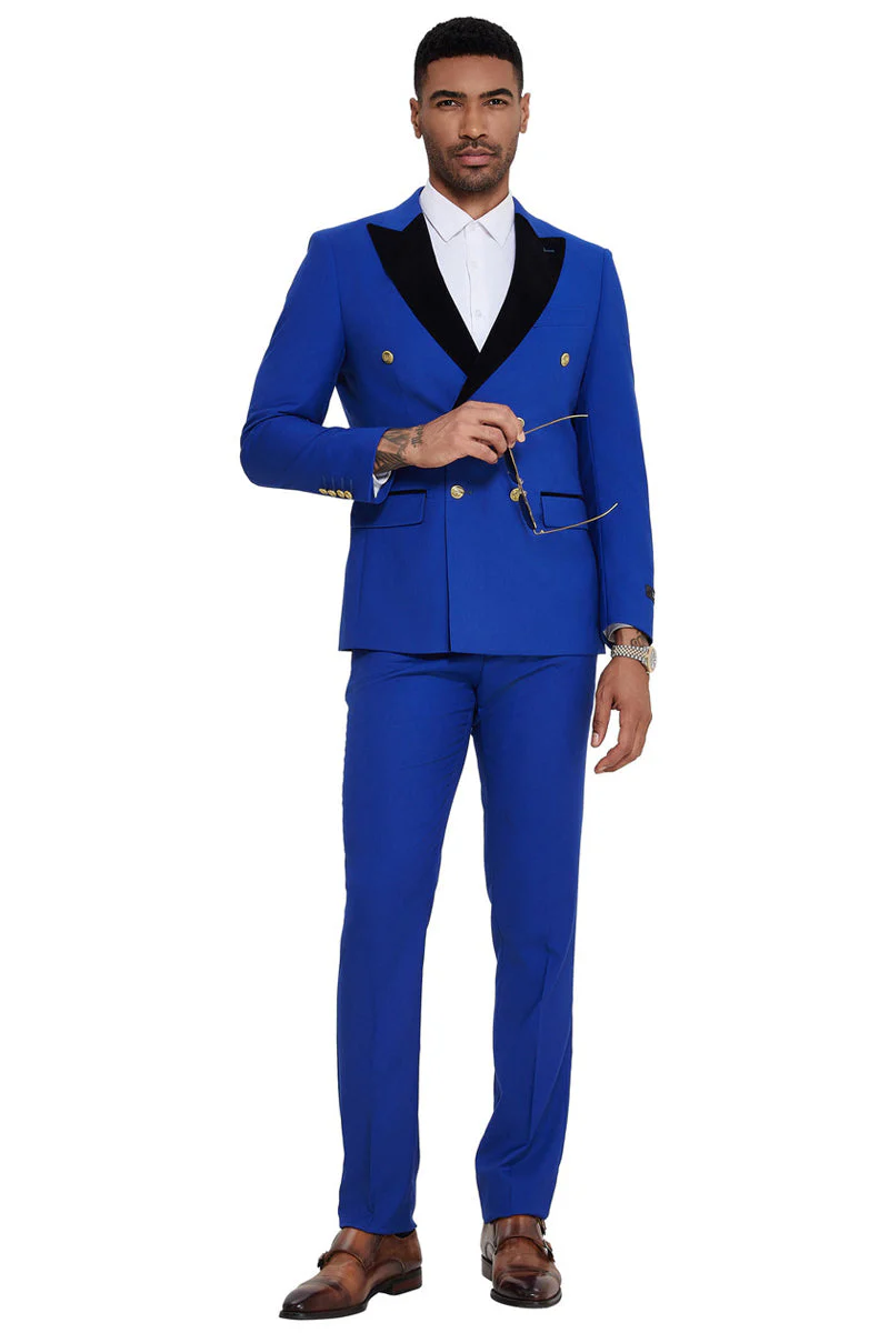Men's Double Breasted Wedding Suit with Velvet Peak Lapel and Gold Buttons in Royal Blue - Image 2