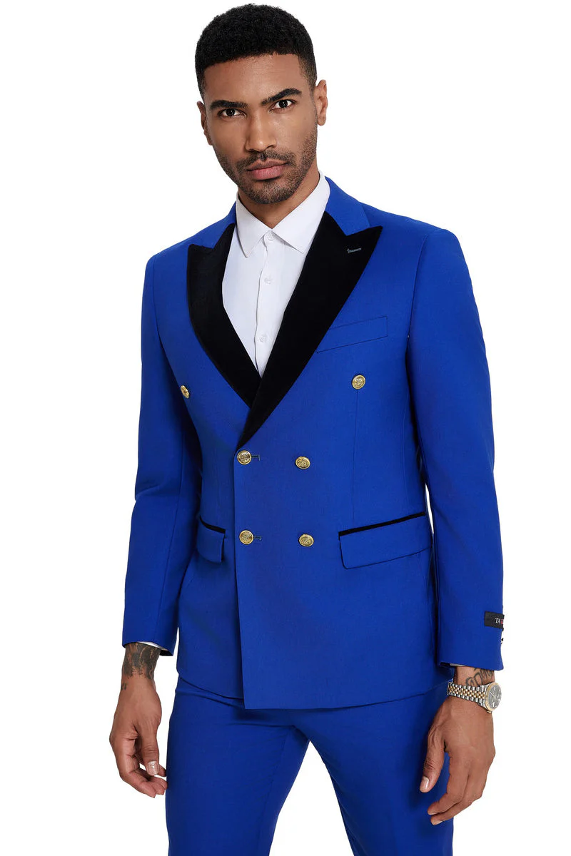 Men's Double Breasted Wedding Suit with Velvet Peak Lapel and Gold Buttons in Royal Blue - Image 3