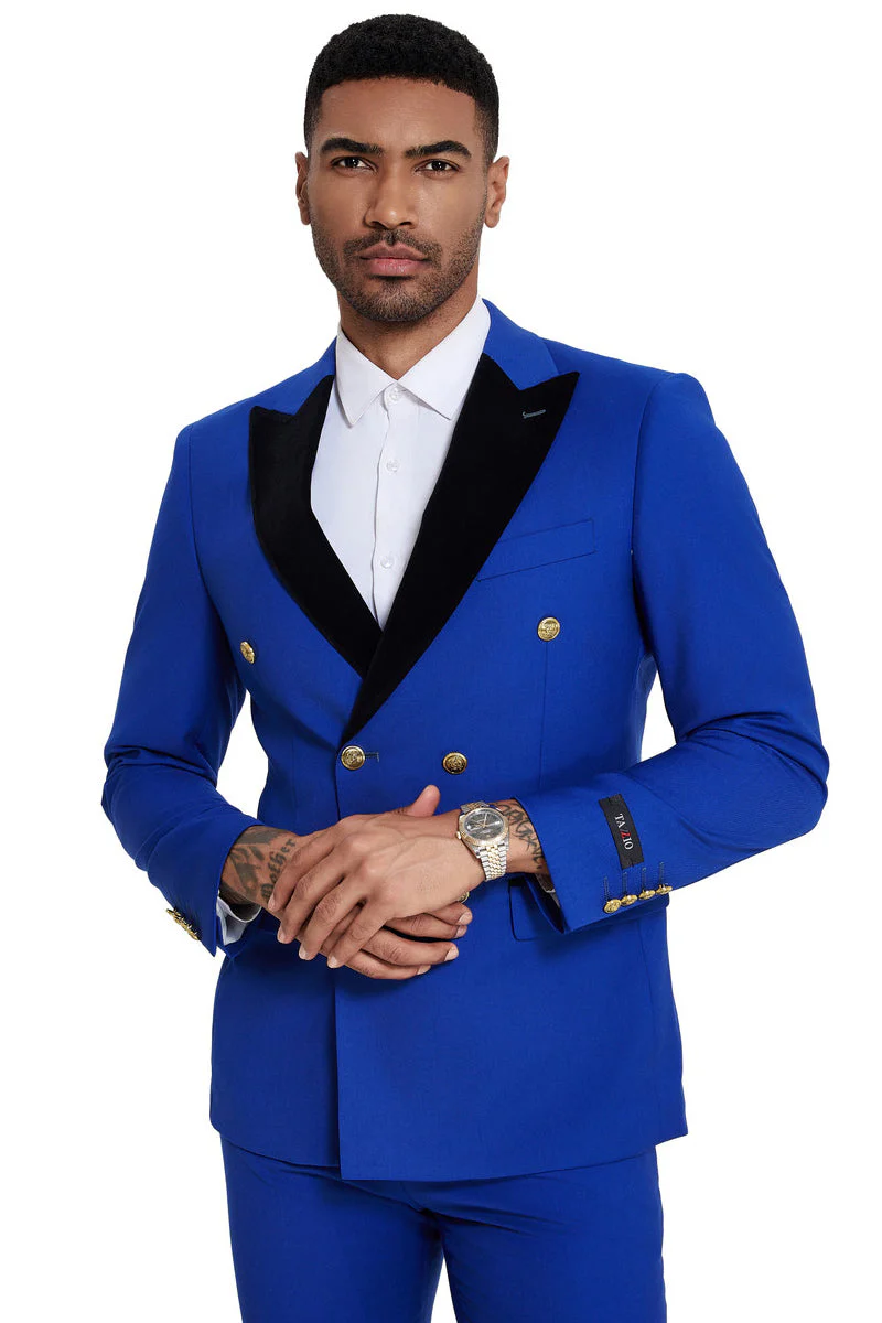 Men's Double Breasted Wedding Suit with Velvet Peak Lapel and Gold Buttons in Royal Blue - Image 4