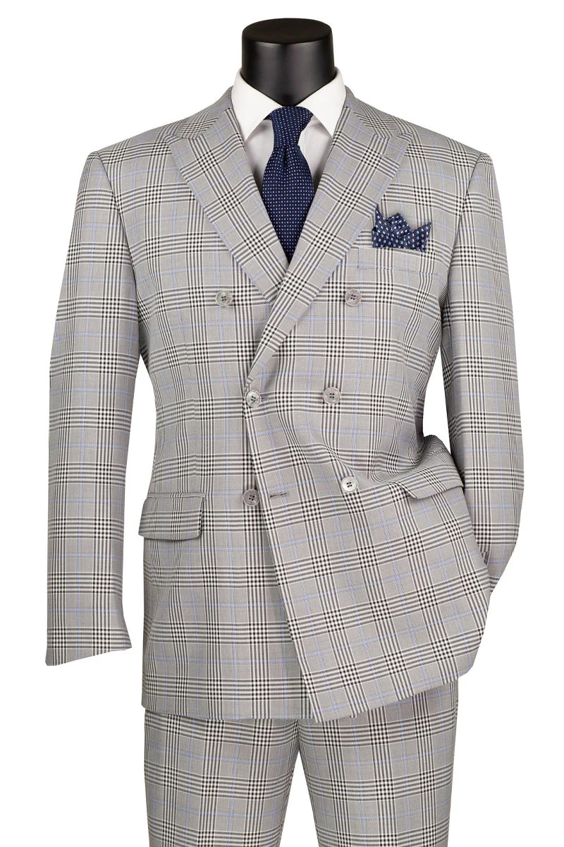 Men's Double Breasted Windowpane Plaid Suit in Grey