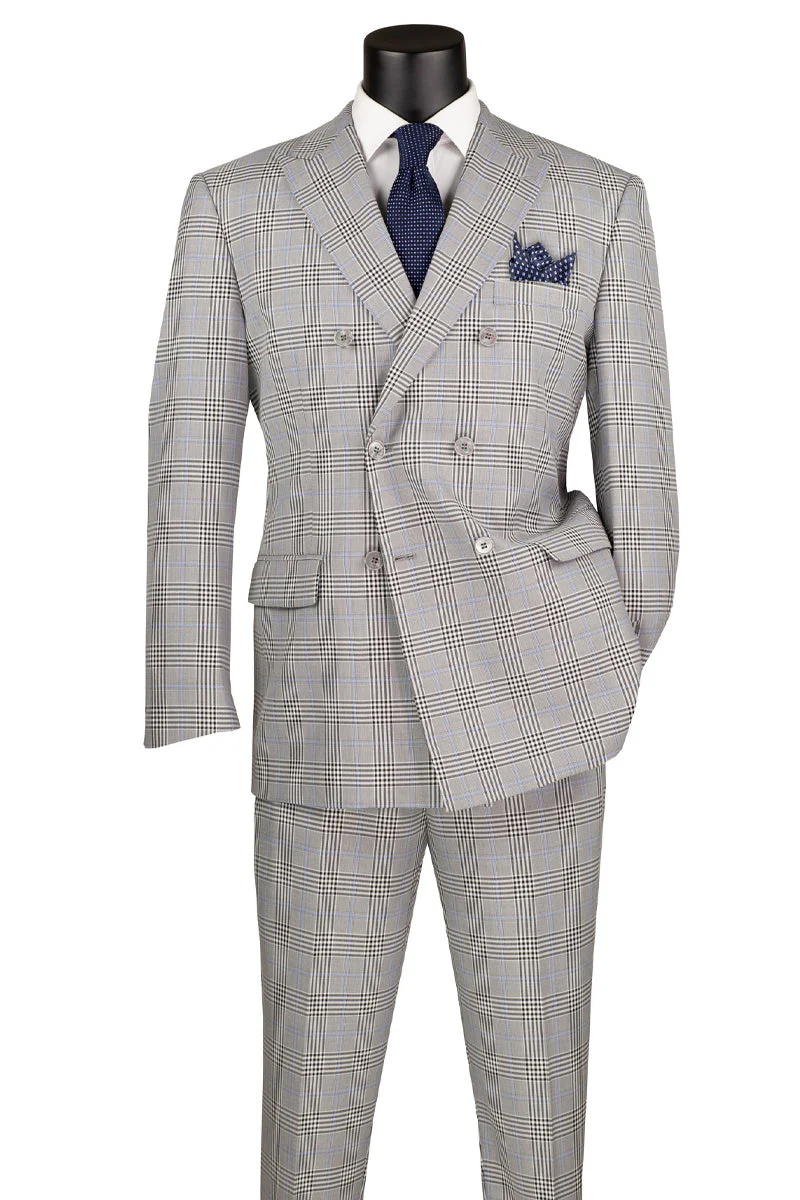 Men's Double Breasted Windowpane Plaid Suit in Grey - Image 2