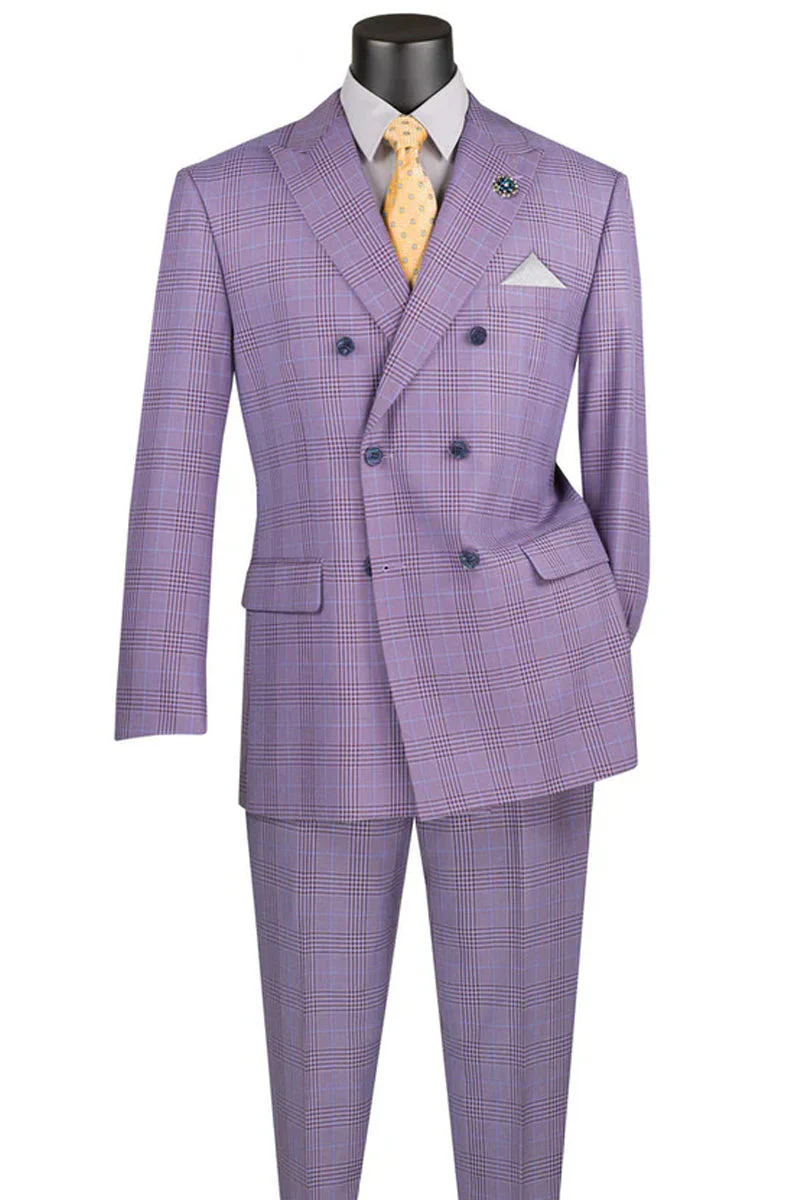 Men's Double Breasted Windowpane Plaid Suit in Light Purple - Image 2