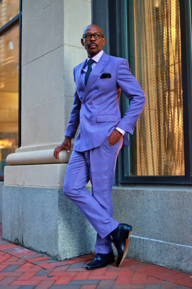 Men's Double Breasted Windowpane Plaid Suit in Light Purple - Image 3