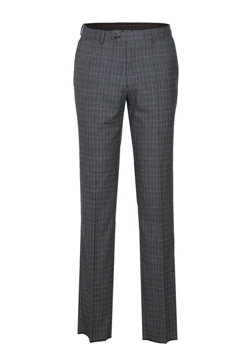 Mens Designer Slim Fit Double Breasted Suit in Light Grey Windowpane Plaid Check - Image 2