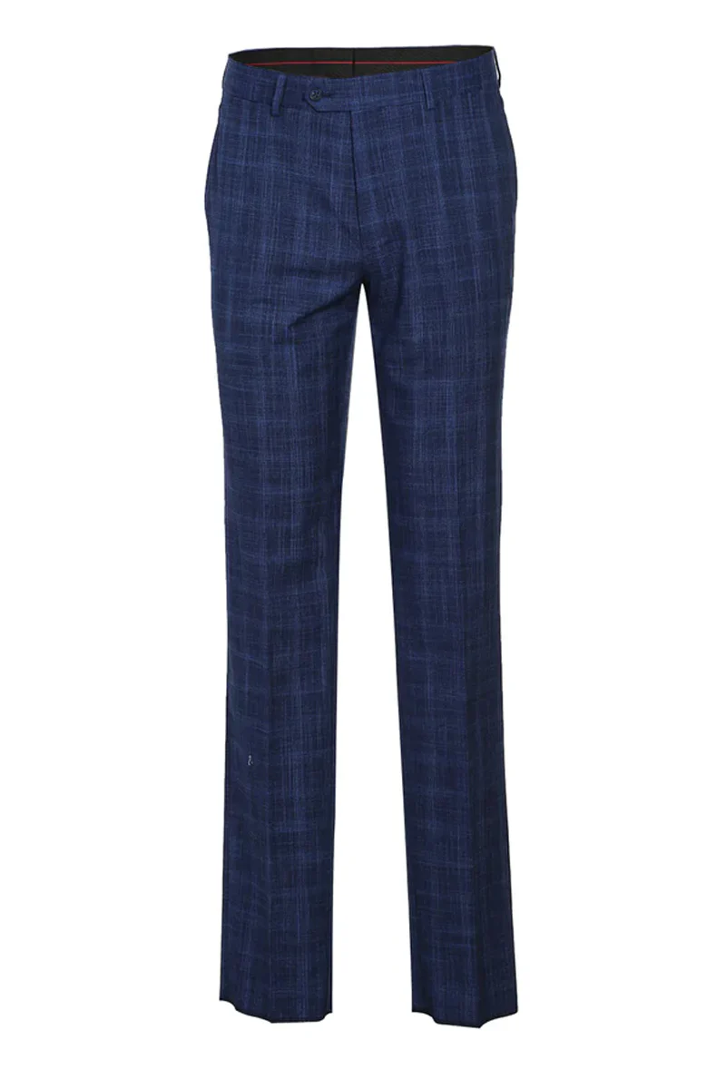 Mens Designer Two Button Slim Fit Notch Lapel Suit in Dark Blue Windowpane Plaid Weave - Image 2