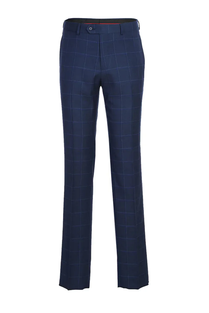 Mens Designer Two Button Slim Fit Notch Lapel Suit in Dark Navy Blue Windowpane Plaid Check - Image 2