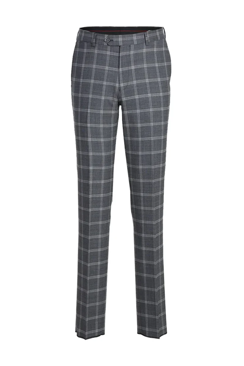 Mens Designer Two Button Slim Fit Notch Lapel Wool Suit in Bold Medium Grey Windowpane Plaid - Image 2
