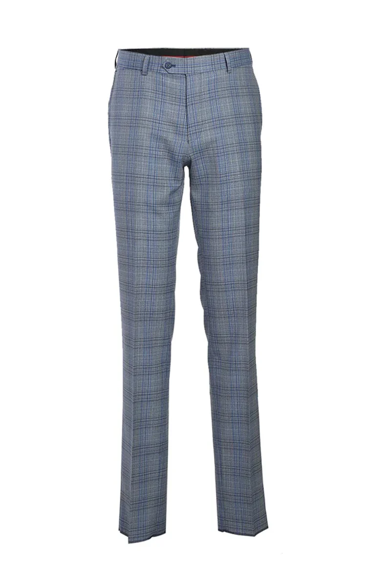Mens Designer Two Button Slim Fit Notch Lapel Wool Suit in Light Grey & Blue Windowpane Plaid - Image 2