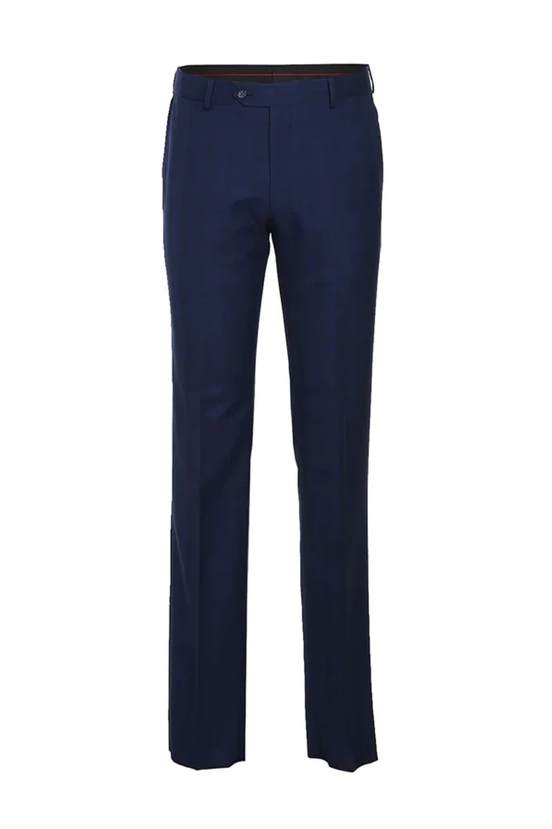 Mens Designer Two Button Slim Fit Notch Lapel Wool Suit in Midnight Blue Windowpane Plaid Check - Image 2