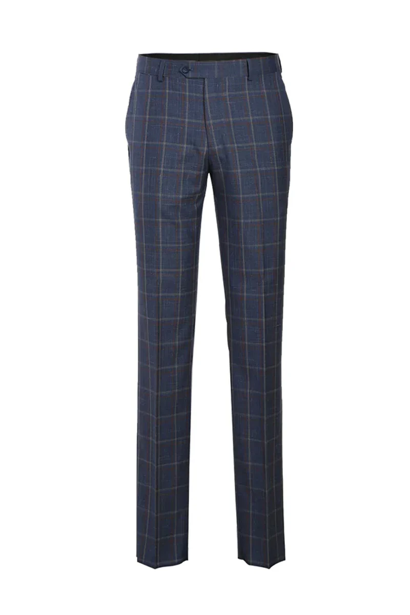 Mens Designer Two Button Slim Fit Notch Lapel Wool Suit in Steel Blue & Orange Windopane Plaid - Image 2