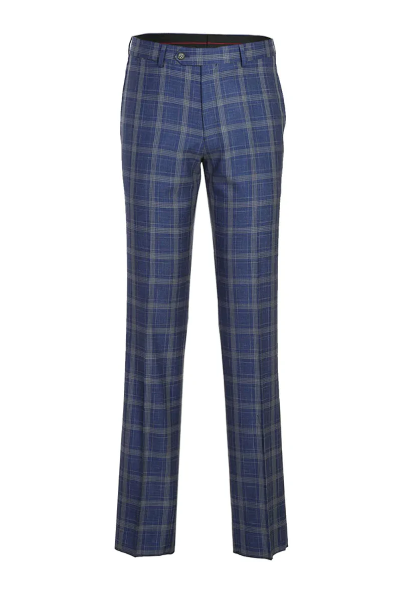 Mens Designer Two Button Slim Fit Peak Lapel Suit in Blue & Gold Windowpane Plaid - Image 2