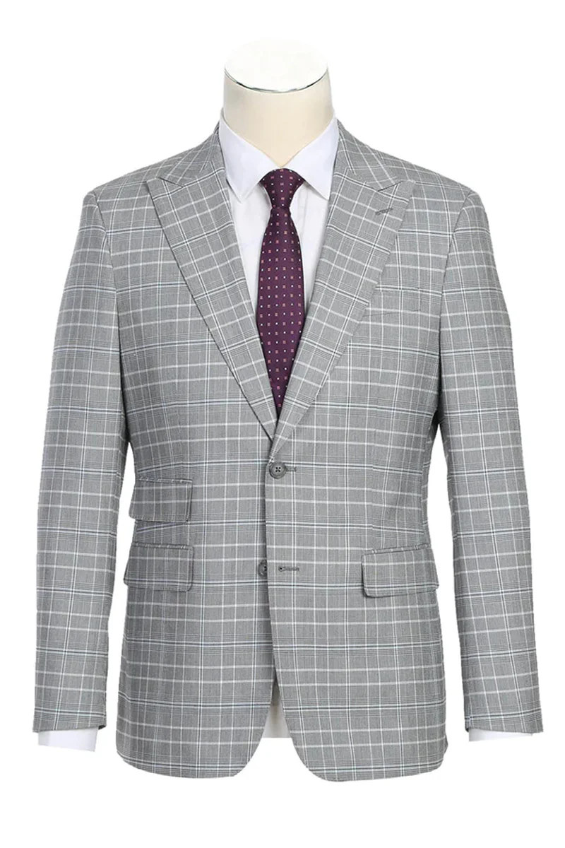 Mens Designer Two Button Slim Fit Peak Lapel Suit in Light Grey Smoke Windowpane Plaid
