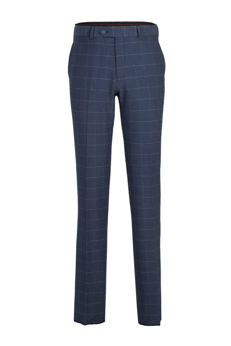Mens Designer Two Button Slim Fit Peak Lapel Suit in Pale Blue Windowpane Plaid - Image 2