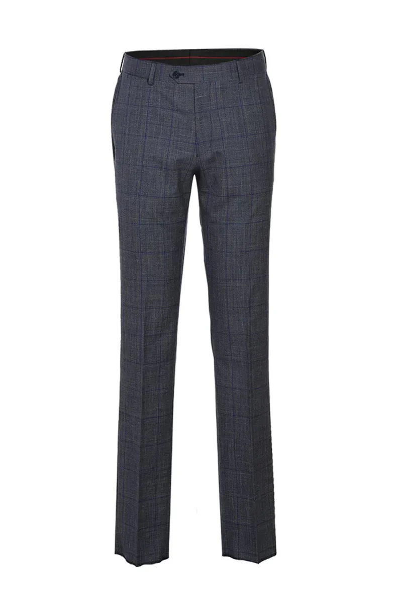 Mens Designer Two Button Slim Fit Peak Lapel Wool Suit in Grey & Blue Windowpane Plaid Check - Image 2