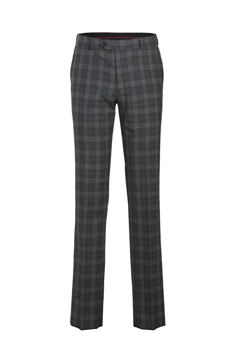 Mens Designer Two Button Slim Fit Peak Lapel Wool Suit in Grey Windowpane Plaid Check - Image 2