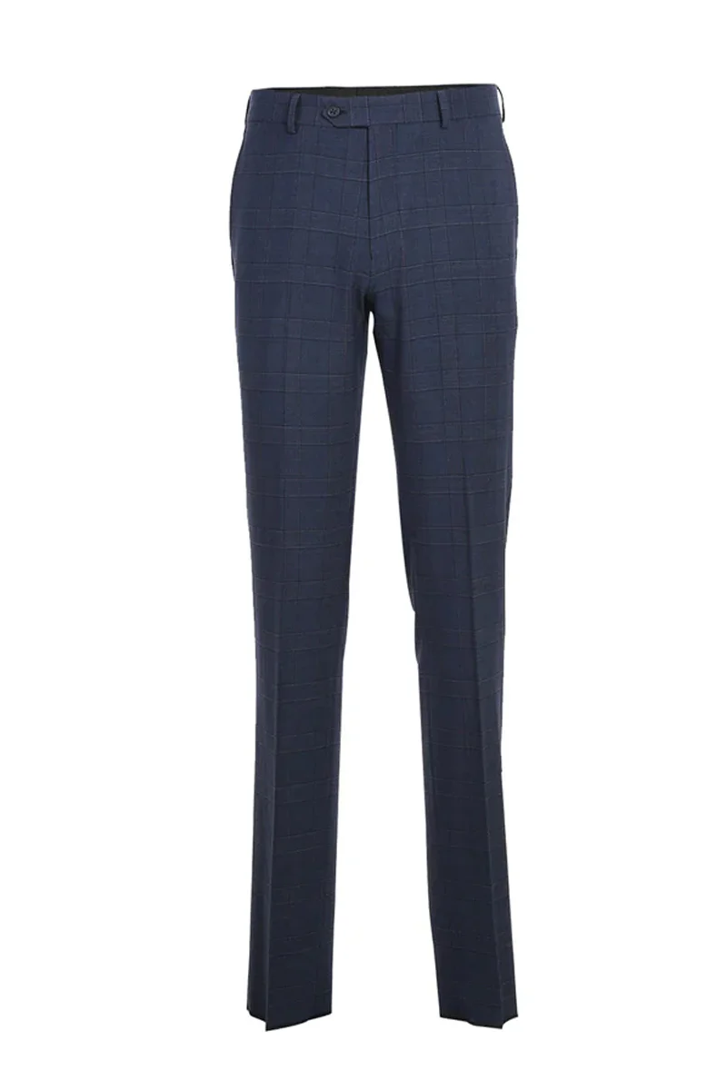 Mens Designer Two Button Slim Fit Peak Lapel Wool Suit in Prussian Blue Windowpane Plaid Check - Image 2