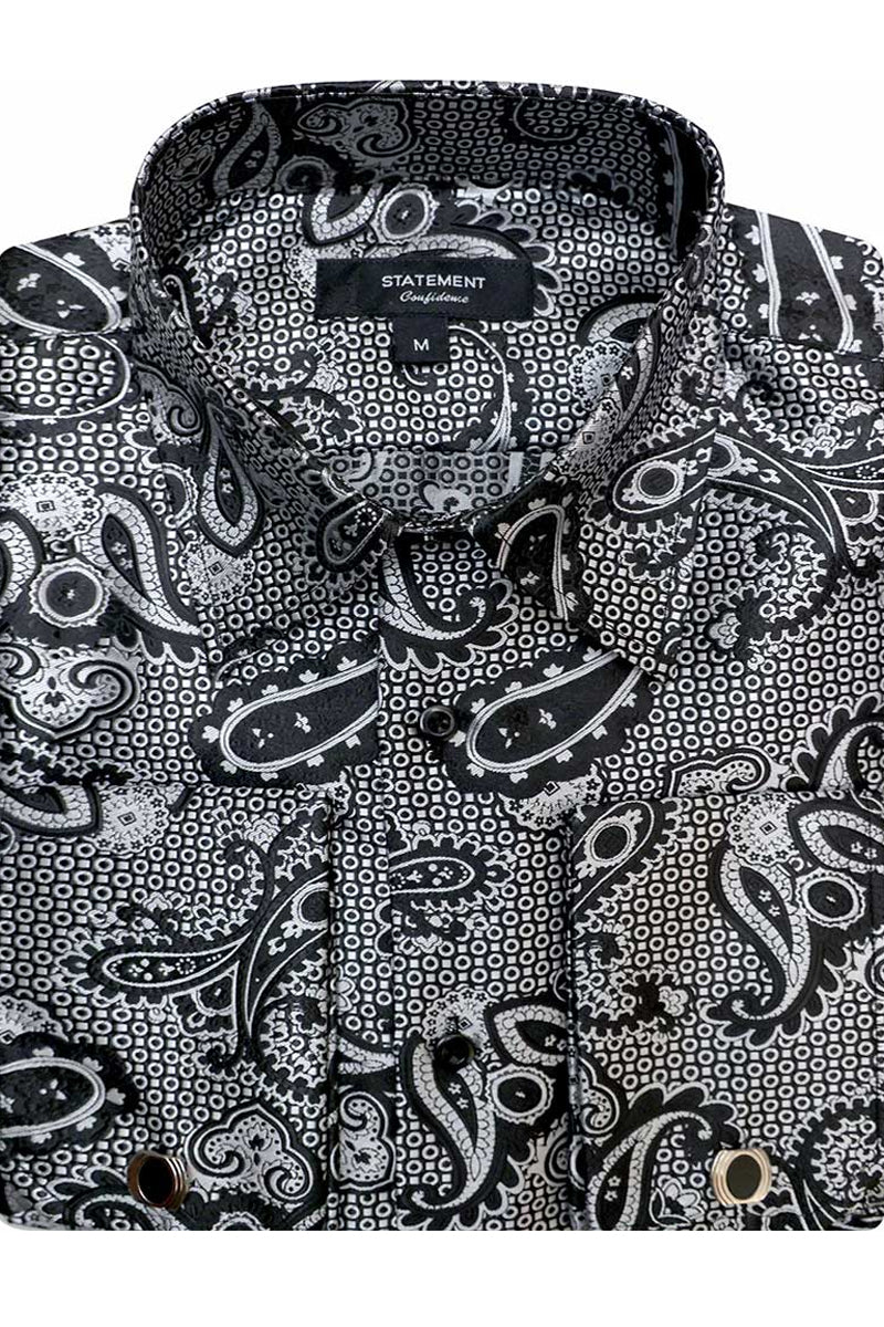 Men's Fancy French Cuff Long Sleeve Dress Shirt in Black Paisley Print