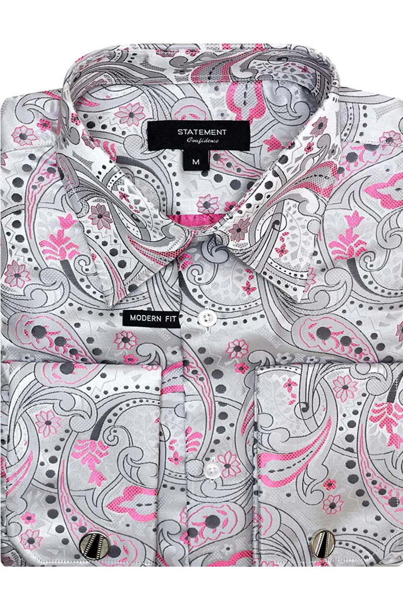 Men's Fancy French Cuff Long Sleeve Dress Shirt in Grey & Pink Paisley