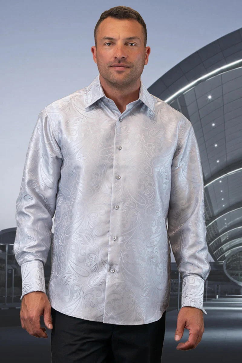 Men's Fancy Long Sleeve Woven Paisley Dress Shirt in Silver Grey