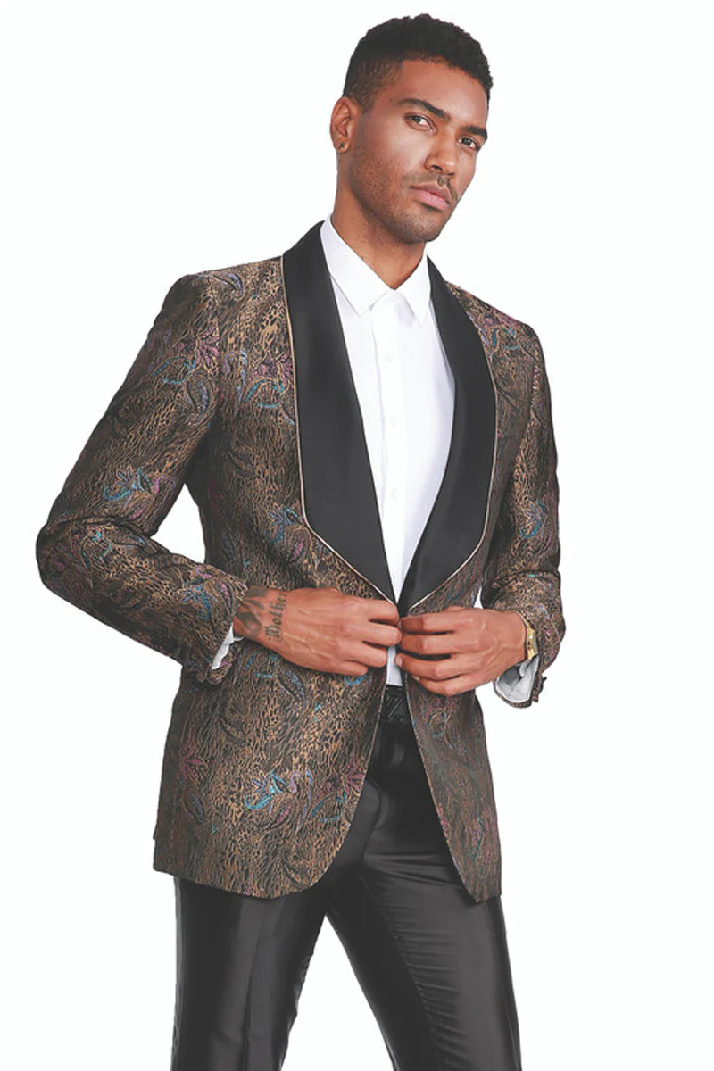 Men's Fancy Square Lapel Paisley Brocade Tuxedo Blazer in Rust