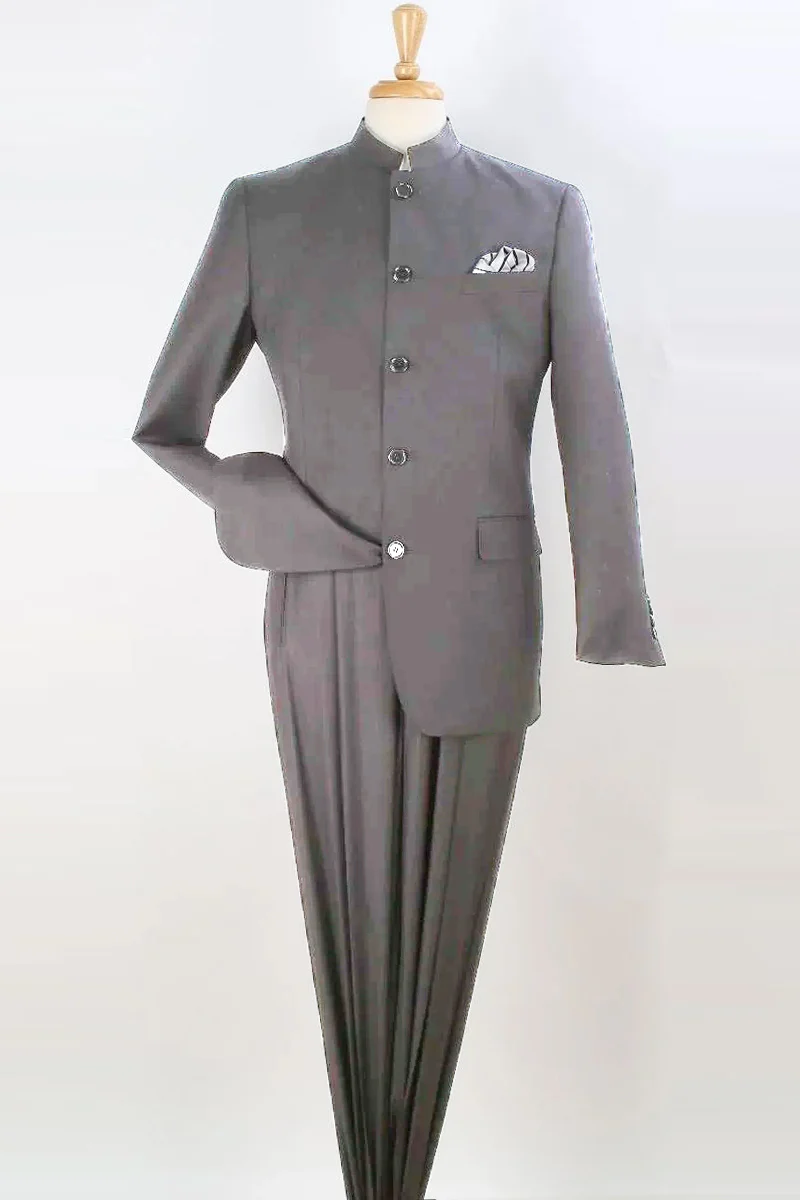 Mens Five Button Mandarin Banded Collar Fashion Suit in Light Grey