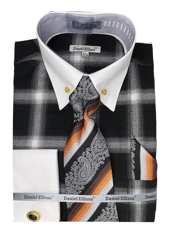 Men's Flannel Plaid Pattern Contrast Collar Dress Shirt & Tie Set in Black