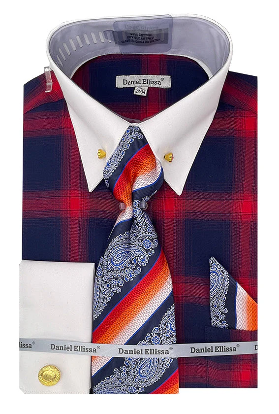 Men's Flannel Plaid Pattern Contrast Collar Dress Shirt & Tie Set in Red