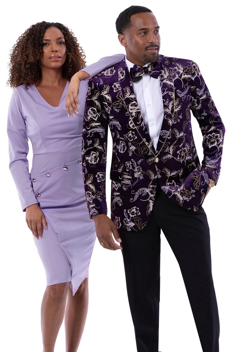 Mens Floral Embossed Velvet Wedding & Prom Tuxedo Jacket in Purple