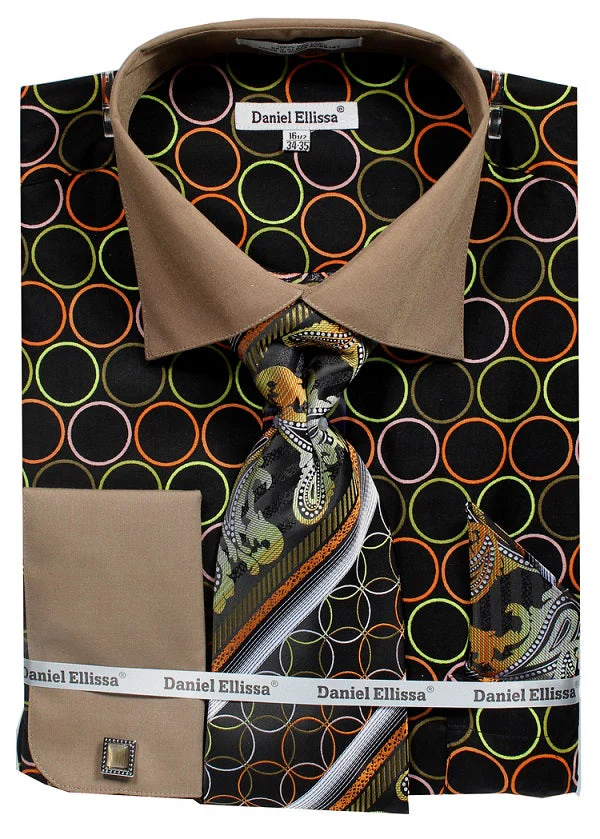 Men's French Cuff Contrast Collar Circle Print Dress Shirt & Tie Set in Black & Taupe