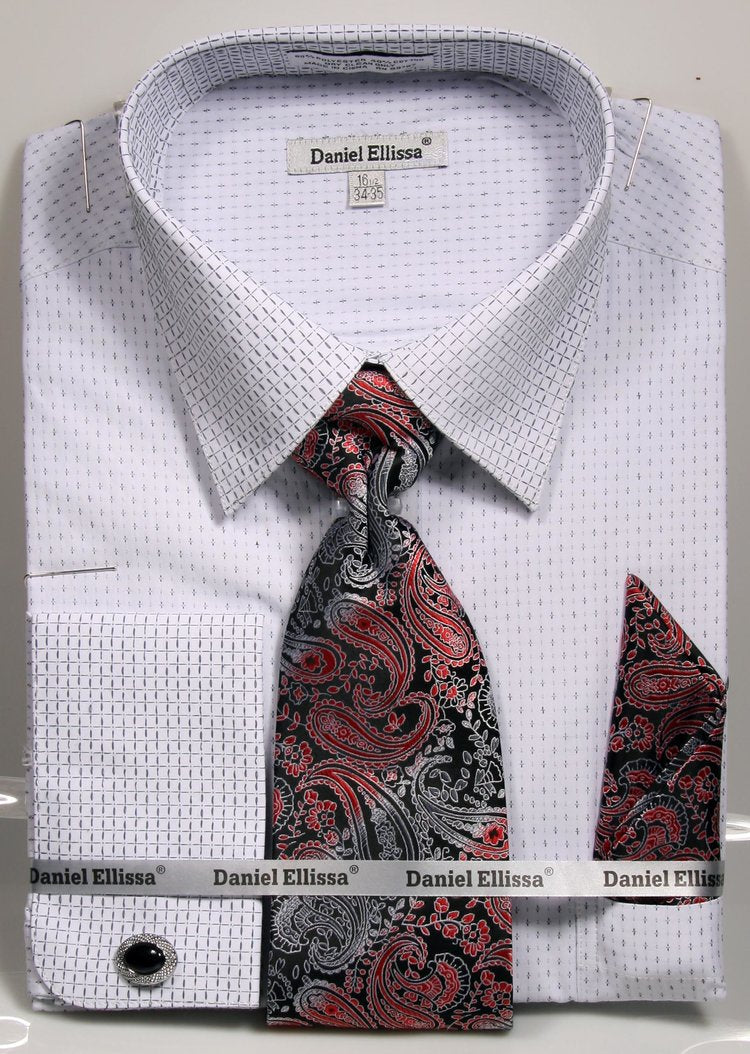 Men's French Cuff Mini Plus Patter Spread Collar Regular Fit Dress Shirt & Tie Set in White & Black