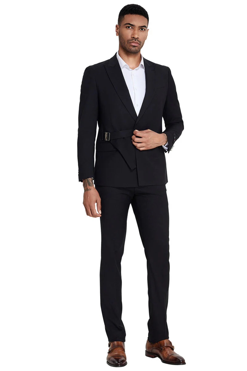 Men's French Front Peak Lapel Strapped Slim Fit Suit in Black - Image 2