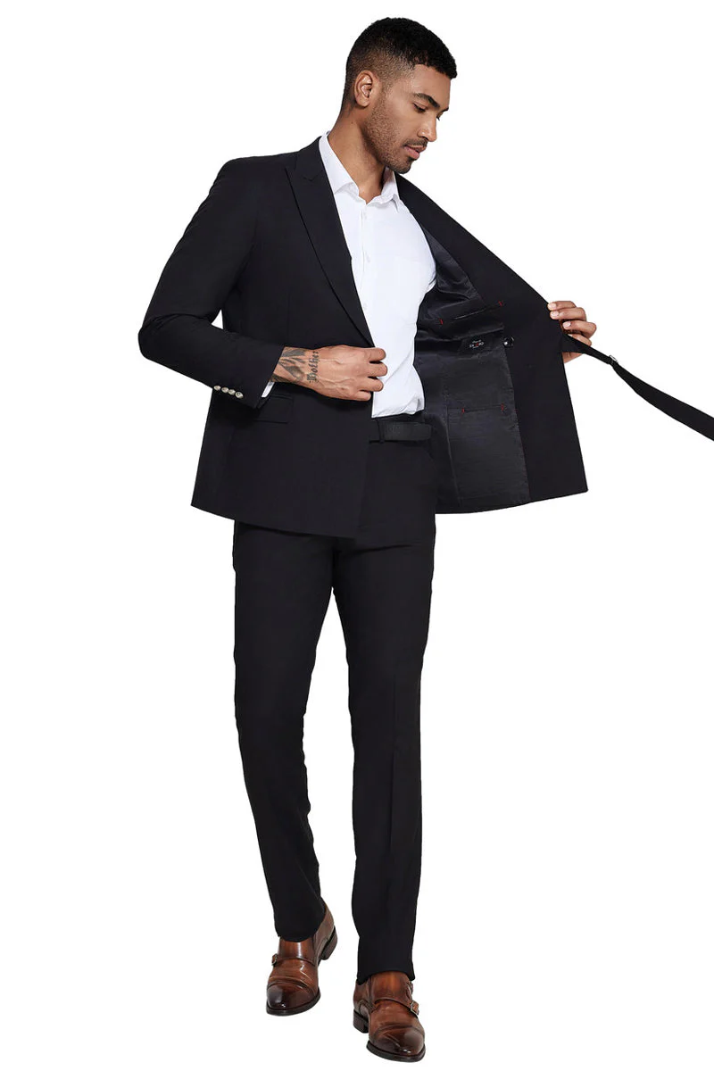 Men's French Front Peak Lapel Strapped Slim Fit Suit in Black - Image 3