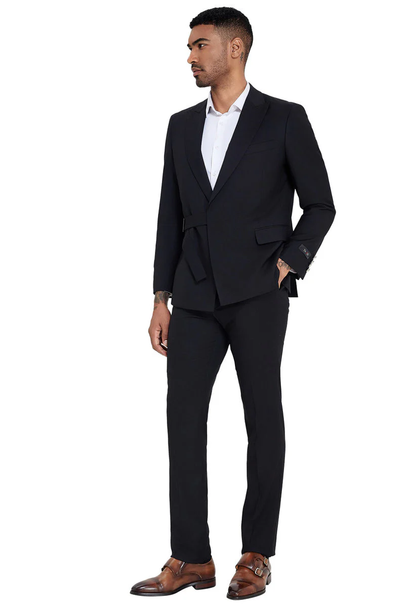 Men's French Front Peak Lapel Strapped Slim Fit Suit in Black - Image 4