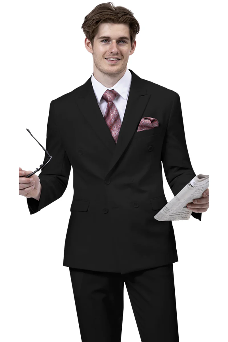 Mens Modern Double Breasted Peak Lapel Suit in Black
