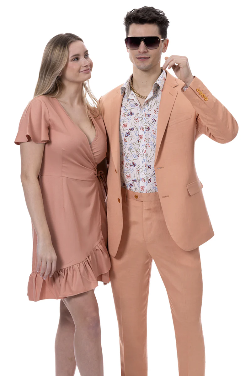 Men's Modern Fit Casual Summer Linen Suit in Salmon Coral Orange - Image 2