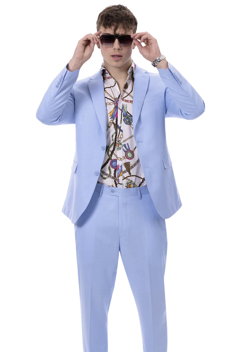 Men's Modern Fit Casual Summer Linen Suit in Sky Blue - Image 2