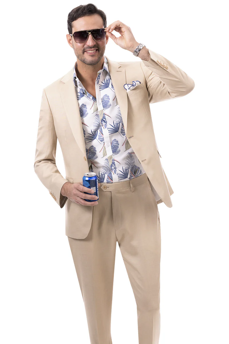 Men's Modern Fit Casual Summer Linen Suit in Tan - Image 2