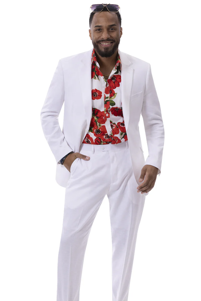 Men's Modern Fit Casual Summer Linen Suit in White - Image 2