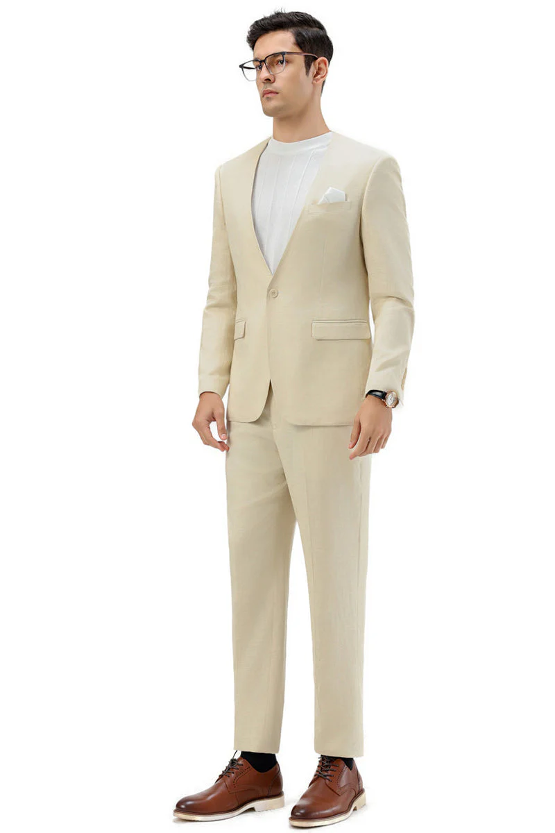 Men's Modern Fit Collarless Summer Wedding Suit in Tan - Image 2